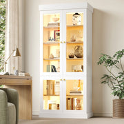 Vetrina, libreria, luci a LED, ante in vetro, dispositivo antiribaltamento, bianco