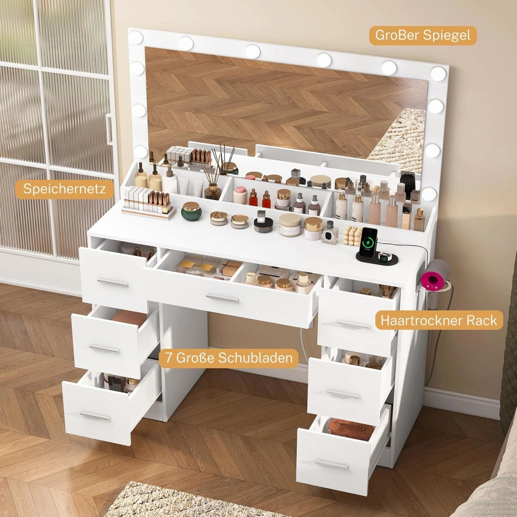 Toilette da trucco con luci, luminosità regolabile, specchio e spina, tavolo da toeletta con 7 cassetti, 3 ripiani, cassettiera moderna, camera da letto, bianco