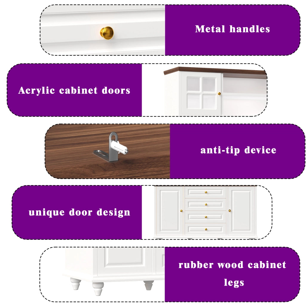 Credenza alta con LED RGB, ripiani regolabili e 4 cassetti, per cucina e soggiorno, in MDF, bianco, 140 × 40 × 179,5 cm