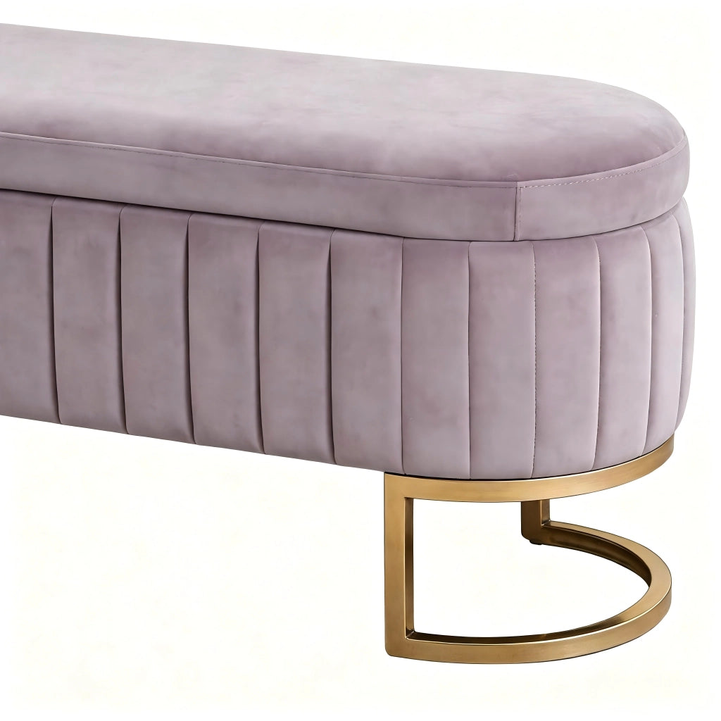 Panca da letto con contenitore in velluto, gambe in metallo dorato e trapuntatura verticale, rosa 130 cm