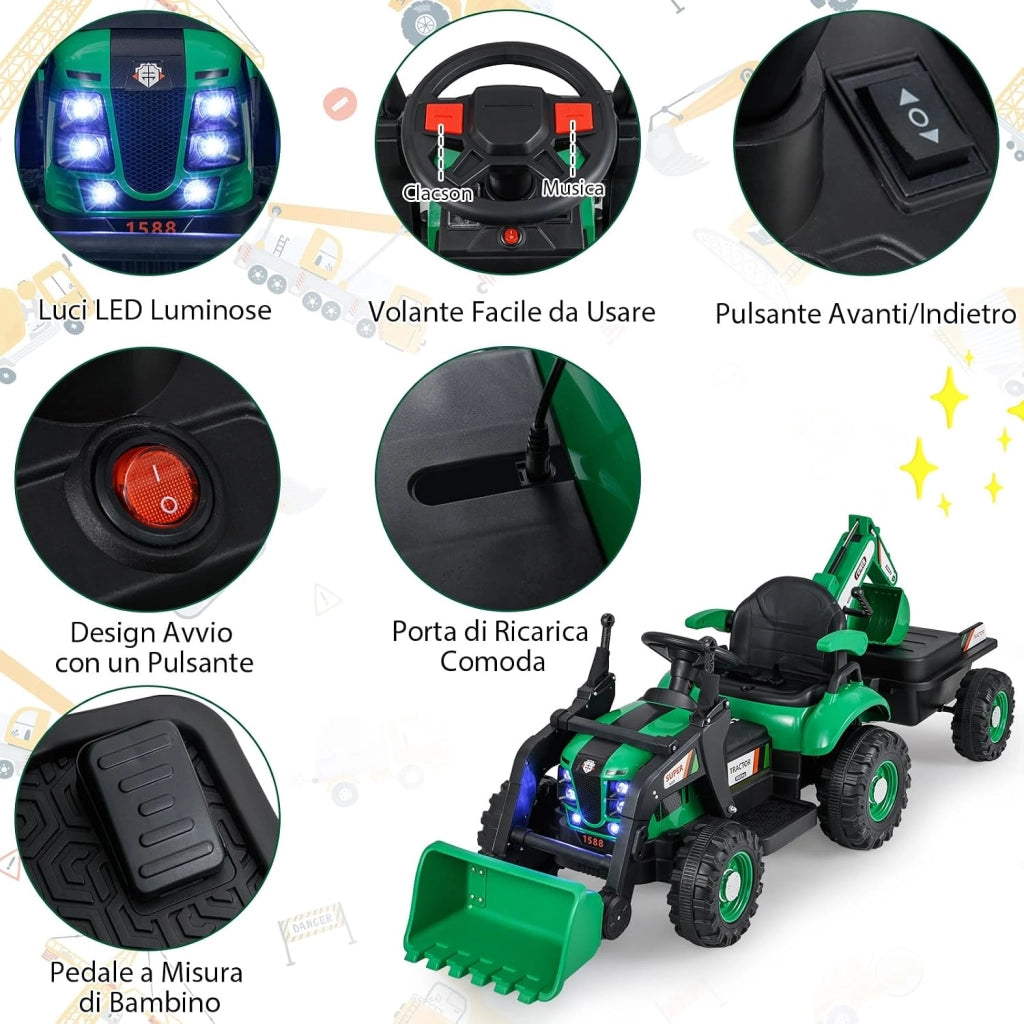 4 in 1 Trattore Elettrico per Bambini, Trattore Cavalcabile per Bambini 3-8 Anni con Telecomando Rimorchio e Cucchiaia Staccabile, Velocità Regolabile, Doppi Motori (Verde)