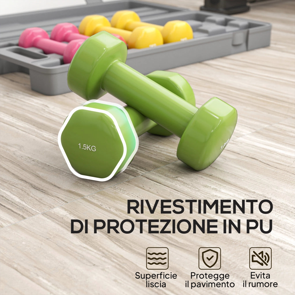 Set 6 Manubri Pesi con Valigetta da 0.5kg 1kg 1.5kg in Acciaio e PU