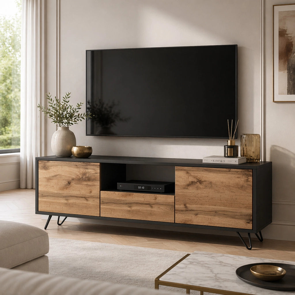 Mobile TV Con 2 Ante Battenti Anta A Ribalta E Vano A Giorno Design Minimal Moderno Per Soggiorno Salotto Sala Da Pranzo E Zona Living 137 x 52 x 33 cm Nero E Rovere