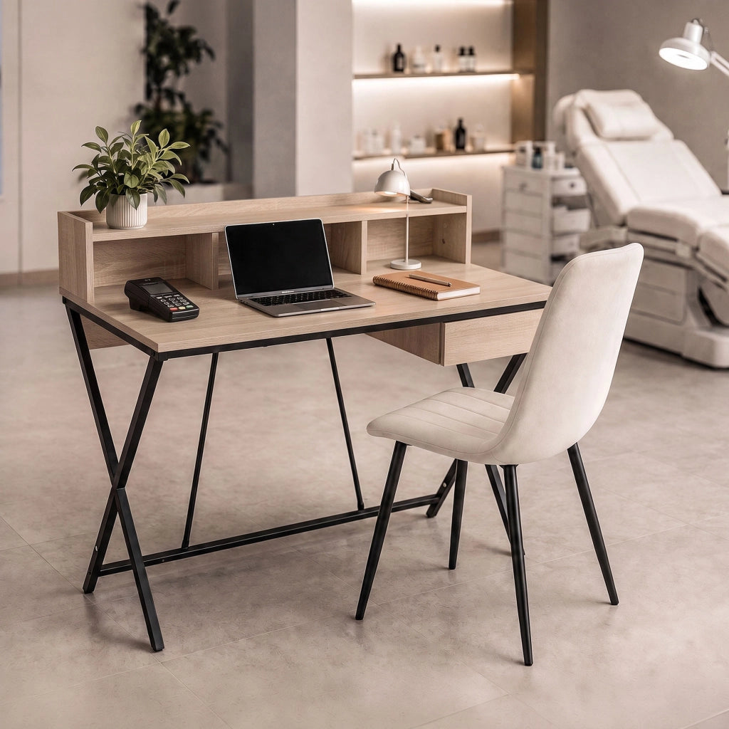 Scrivania PC industriale Rovere Sonoma FLEXO 100 cm 1 cassetto 1 ripiano gambe nere