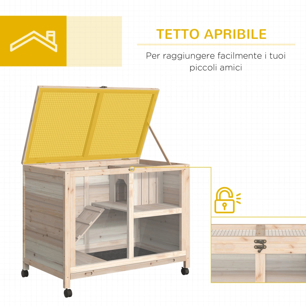 Conigliera in Legno a 2 Piani con Casetta, Rampa e Vassoio Estraibile, 91.5x53.3x73cm