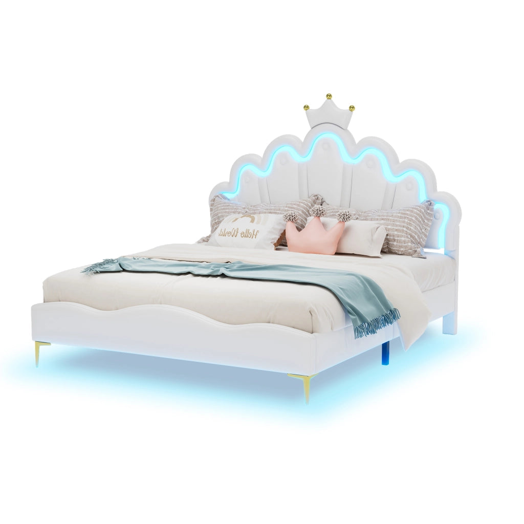 Letto Matrimoniale 140 x 200 cm con LED Regolabile e Testiera Regolabile; senza Materasso; PU Bianco
