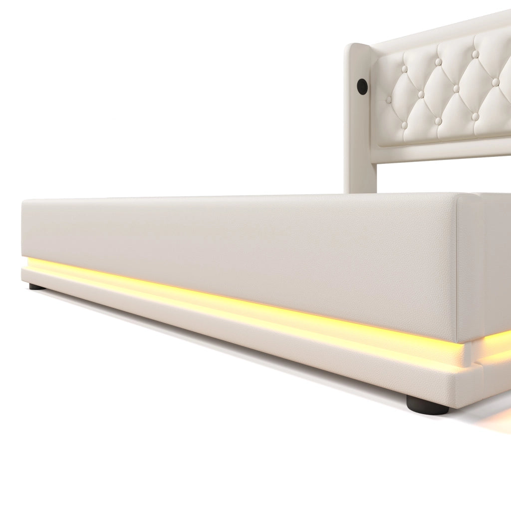 Letto matrimoniale 160x200 cm in PU bianco con contenitore; USB Type-C e LED a 3 lati