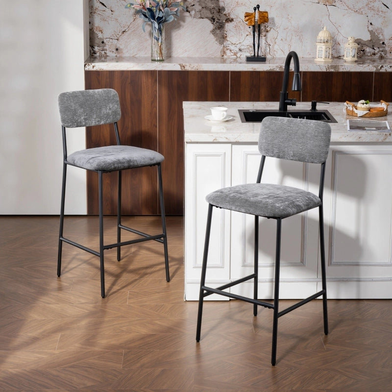 Sgabelli da bar set da 2 imbottiti con schienale alto e poggiapiedi per cucina e bancone in poliestere grigio
