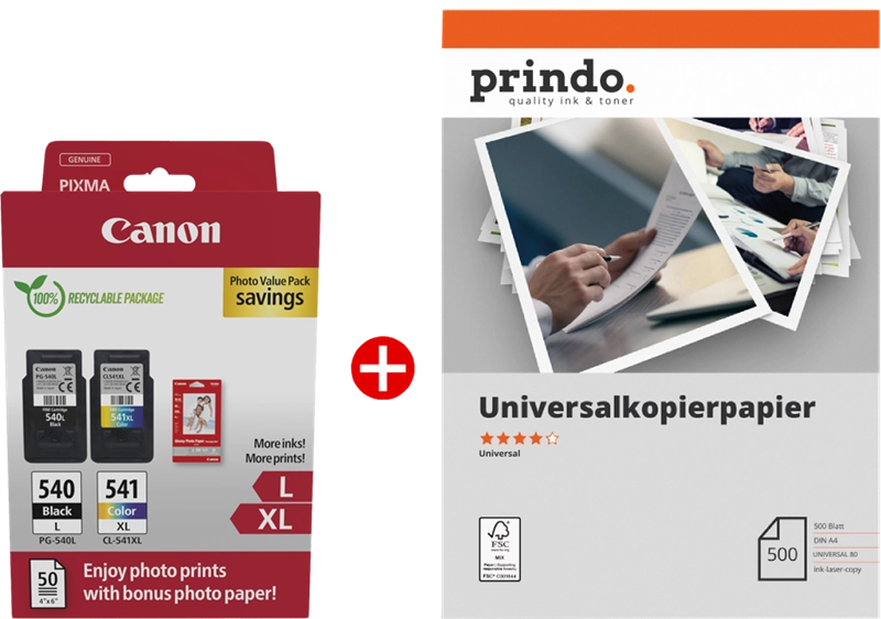 ORIGINAL Canon Value Pack nero / differenti colori / Bianco PG-540L+CL-541XL MCVP + Prindo Universal Papier 500 Blatt ~700 Seiten