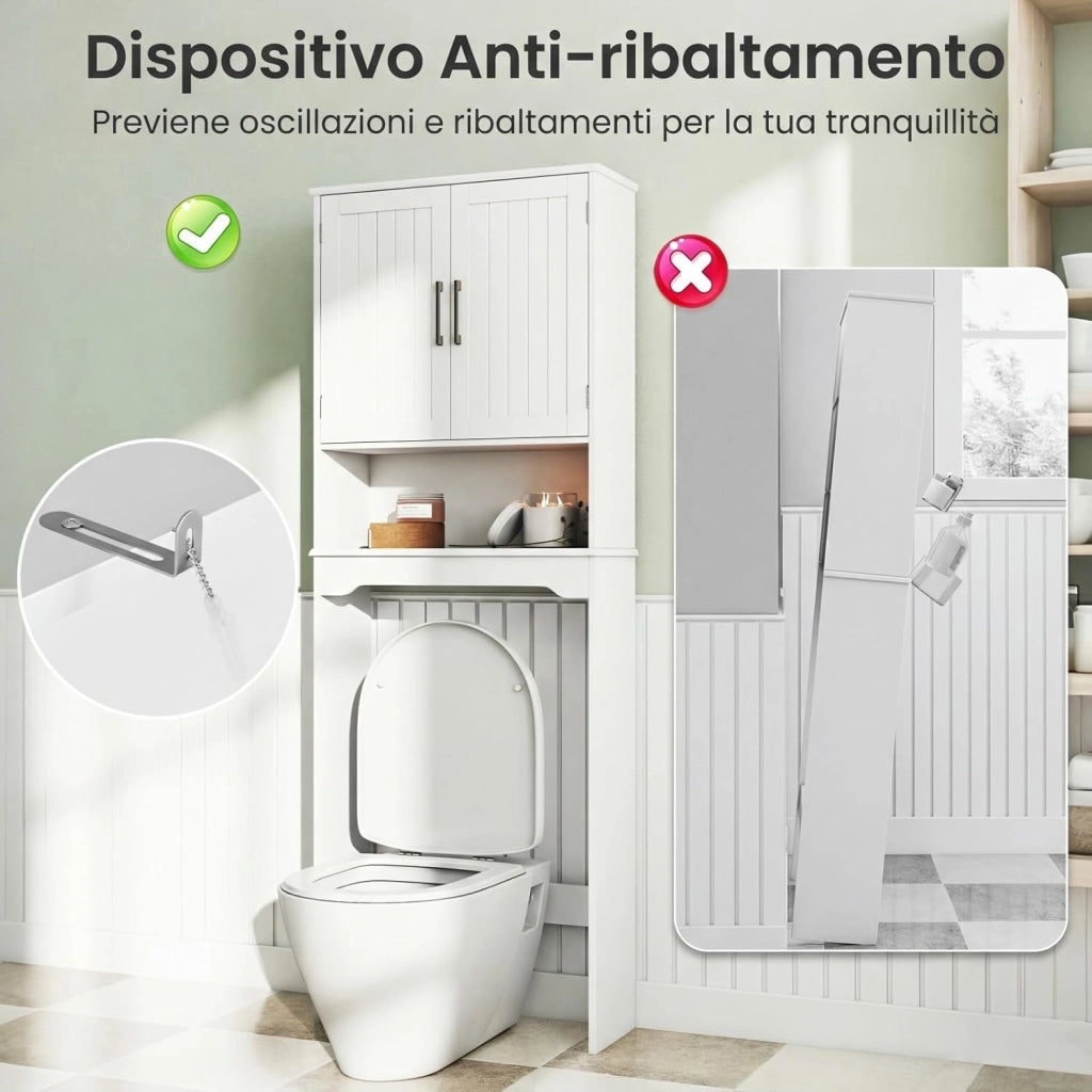 Mobile da Bagno Sopra WC 169 cm, Scaffale Salvaspazio con Doppie Ante e Ripiano Regolabile, Mobiletto Moderno in Legno per Bagni Piccoli e Lavenderia, 62 x 23 x 169 cm