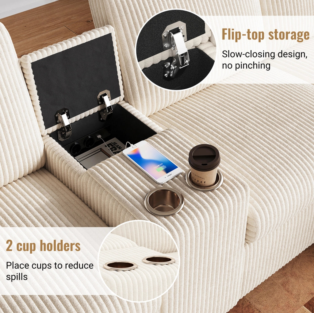 Divano a U ULEVR 315x135 cm in velluto a coste beige con 2 pouf contenitore, tavolino, prese USB e Type-C