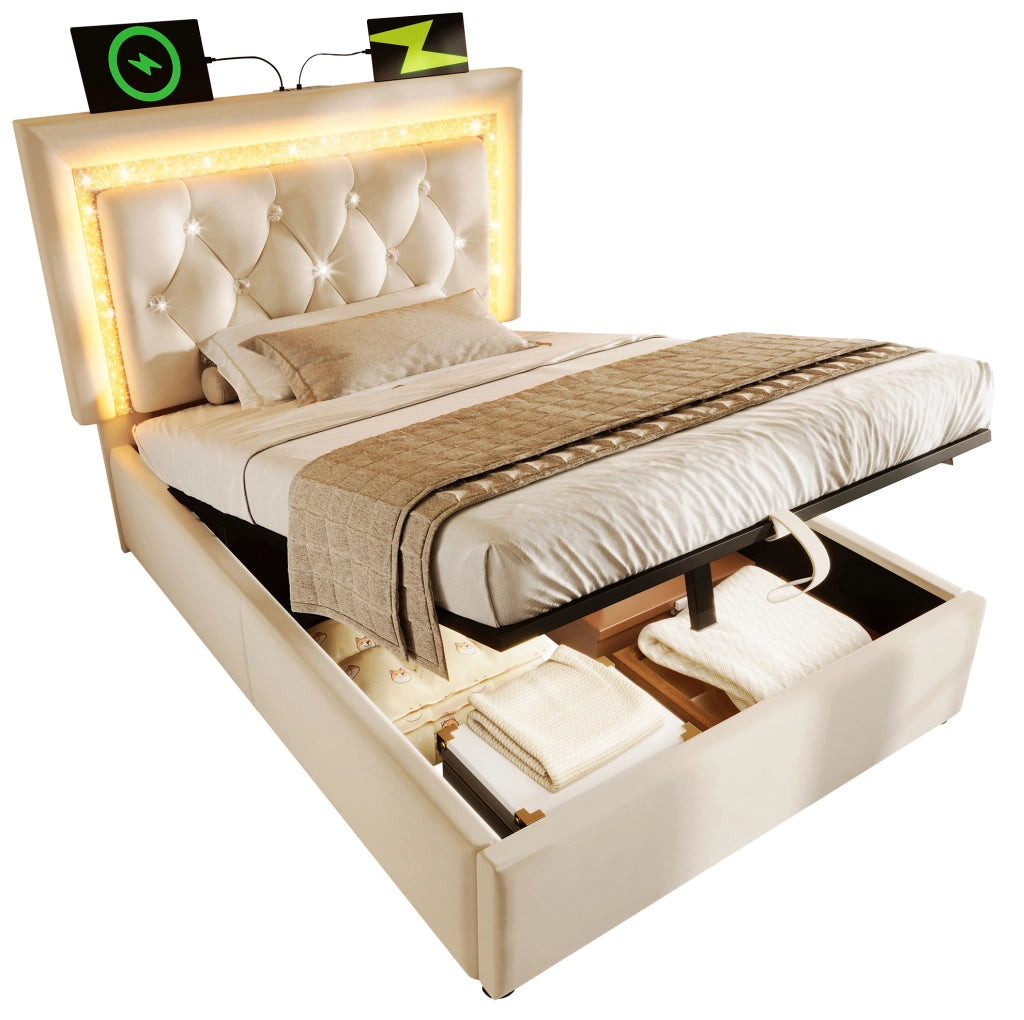 Letto singolo 90x200 cm con contenitore; LED e porta USB C; velluto beige