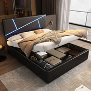 Letto matrimoniale 140x200 cm con contenitore e LED; rivestimento in PU; nero
