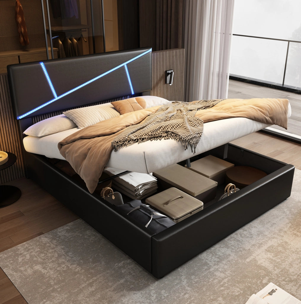 Letto matrimoniale 140x200 cm con contenitore e LED; rivestimento in PU; nero