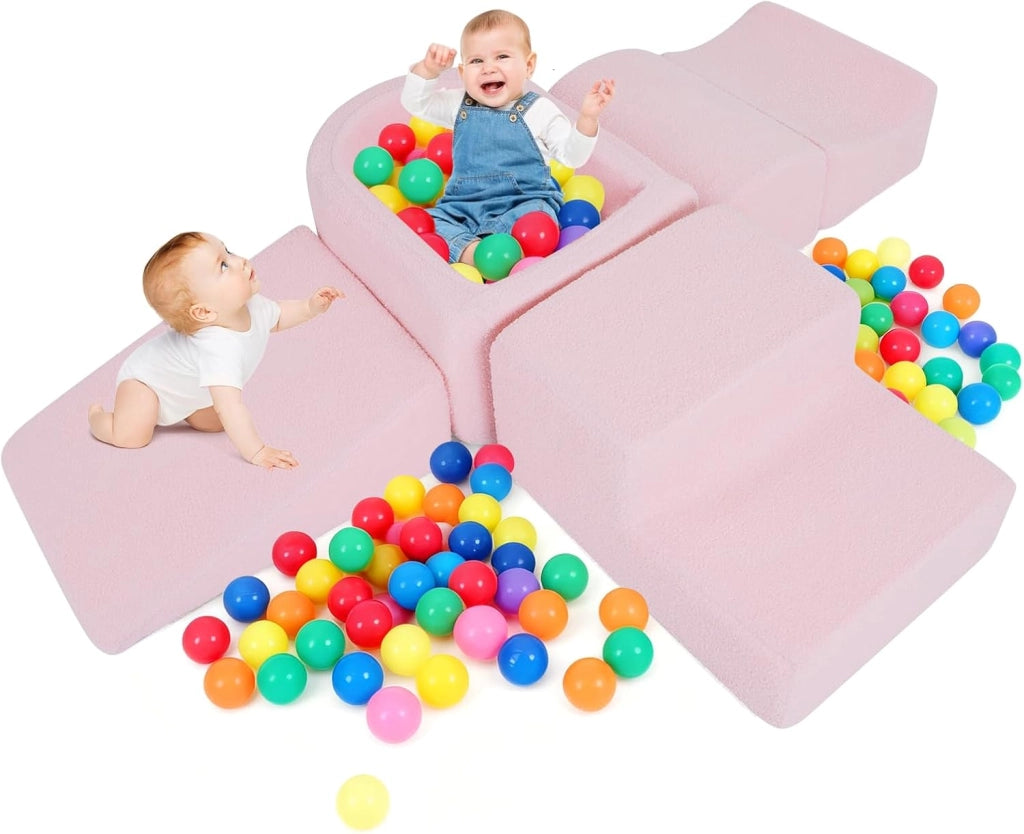 Blocchi da Arrampicata in Schiuma per Bambini, con Piscina di Palline, Set di 5 Pezzi per Arrampicata e Strisciamento, Set da Gioco da Interno per Bambini 3 Anni+ (Rosa,Sherpa)