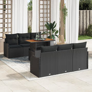 Set Divano Giardino 7 Pezzi con Cuscini Rattan Poli Nero Acacia