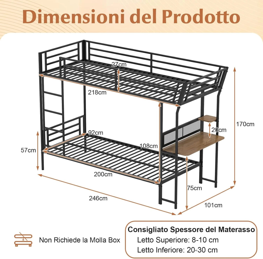 Letto a Castello con Scrivania, 90x190 cm, Struttura Letto in Metallo con Postazione di Lavoro in Legno, con Sponde di Sicurezza e Scala, Lettino Loft Carico 220 kg