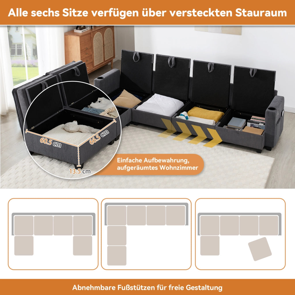 DIVANO Modulare L/U 280x151x82 cm Corduroy Grigio 5-6 posti