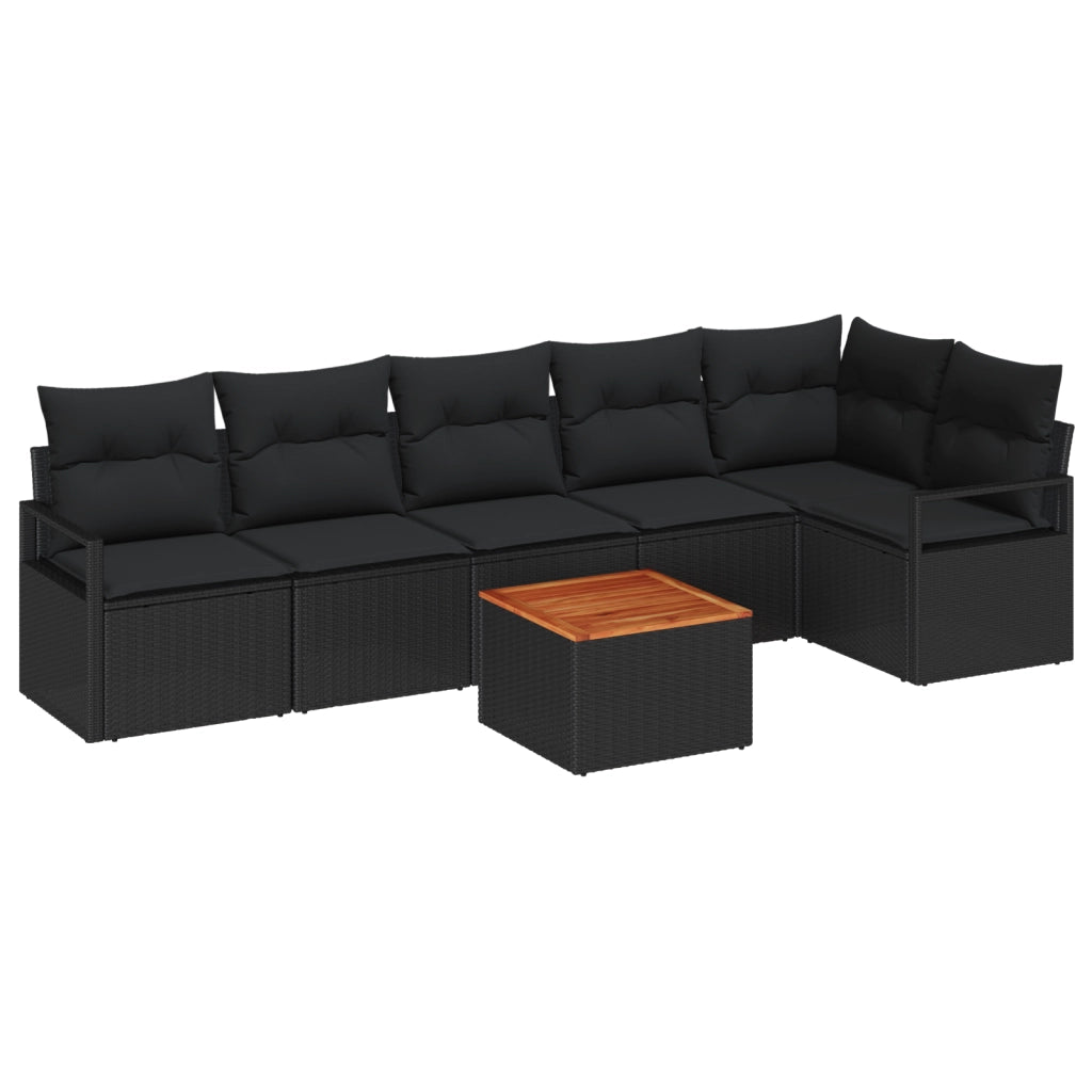 Set Divano da Giardino  7 Pezzi con Cuscini Nero Polyrattan Acacia