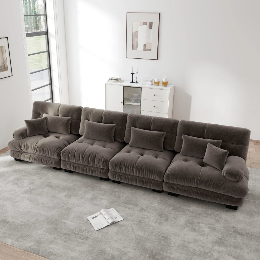 Divano angolare modulare 4 posti con seduta profonda e cuscini, in chenille marrone per soggiorno 406 × 77 × 81 cm