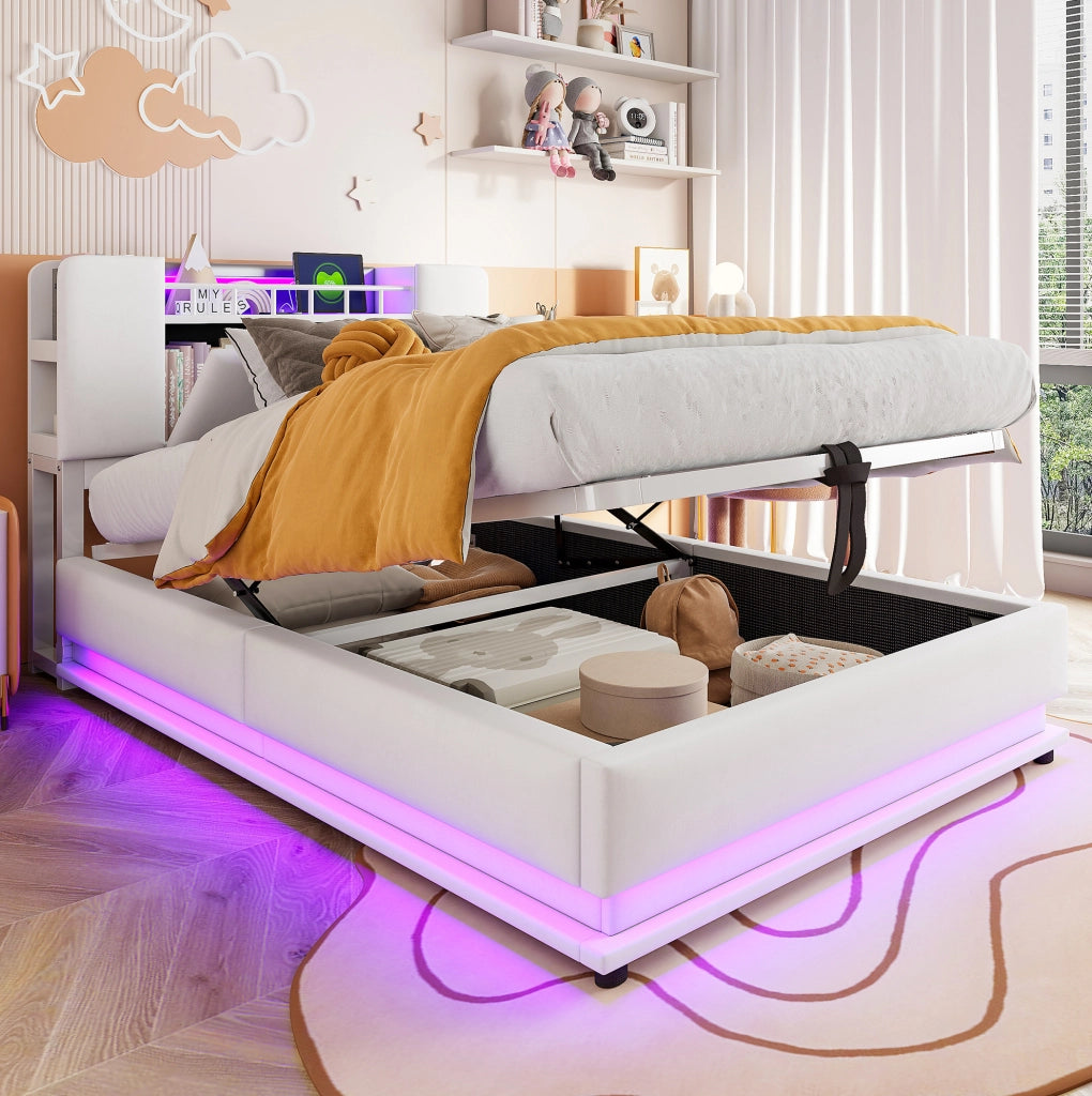 Letto imbottito per bambini con LED, USB e vano contenitore idraulico