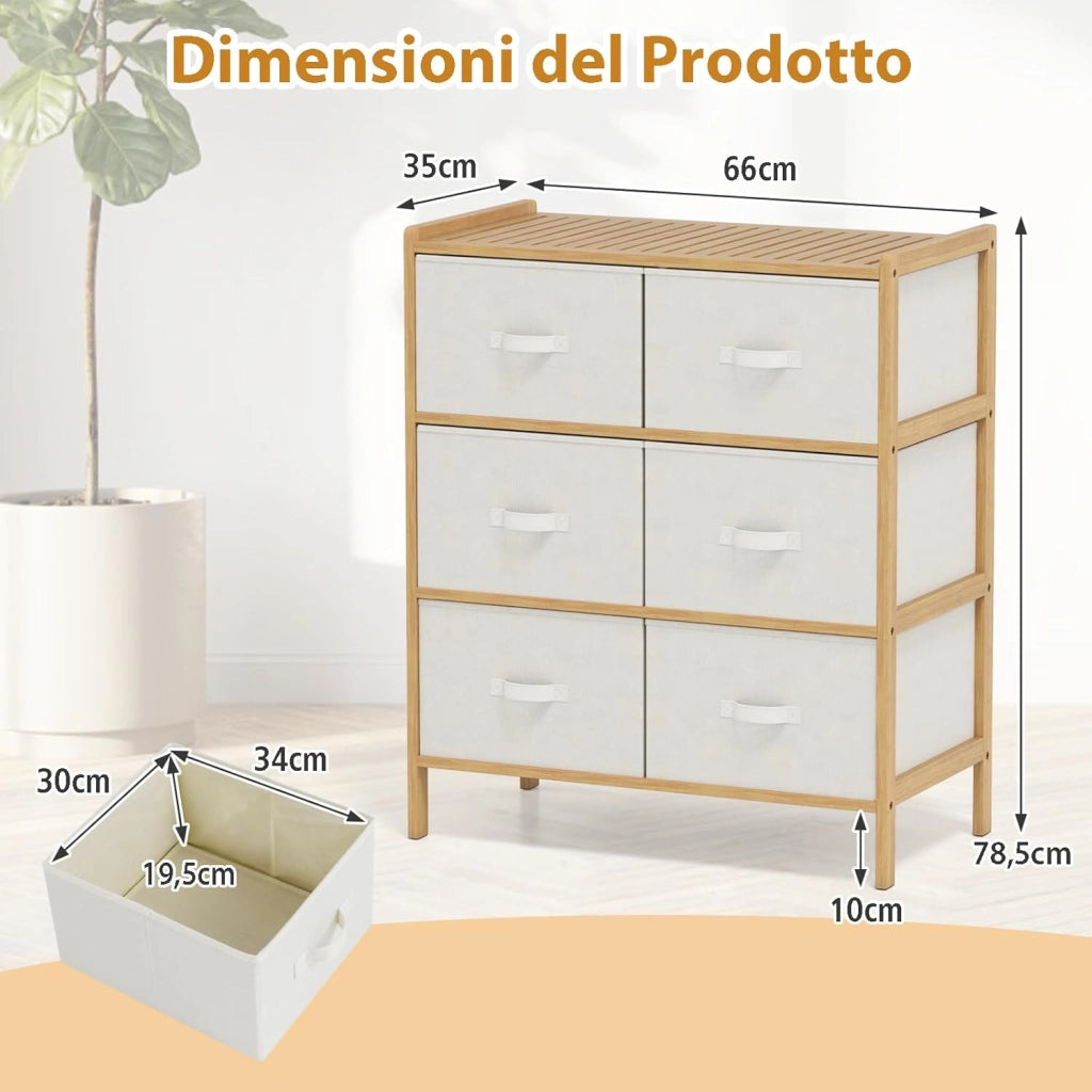 Cassettiera a 6 Cassetti in Bambù, Torre di Stoccaggio con Cassetti in Tessuto Pieghevoli e Ripiano Superiore, Organizzatore Verticale per Soggiorno Corridoio, 66x35x78,5 cm