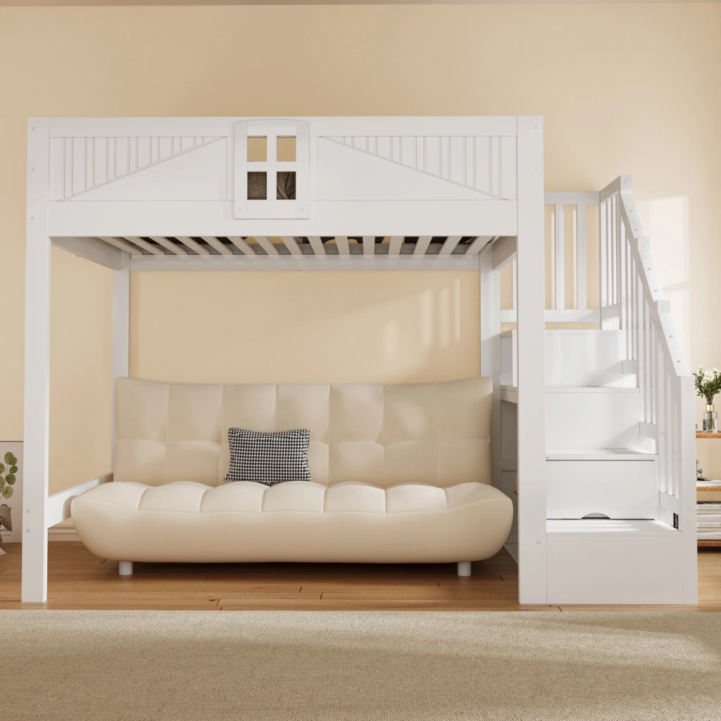 Letto a soppalco 140x200 cm con parapetto a finestra e scala contenitore reversibile; struttura in legno massello; bianco
