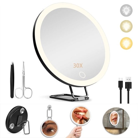 Specchio elettronico 30x con illuminazione, diametro 15,24 cm, specchio da trucco a led con tre colori e stantuffo a 360°, specchio portatile con tre adesivi a vite