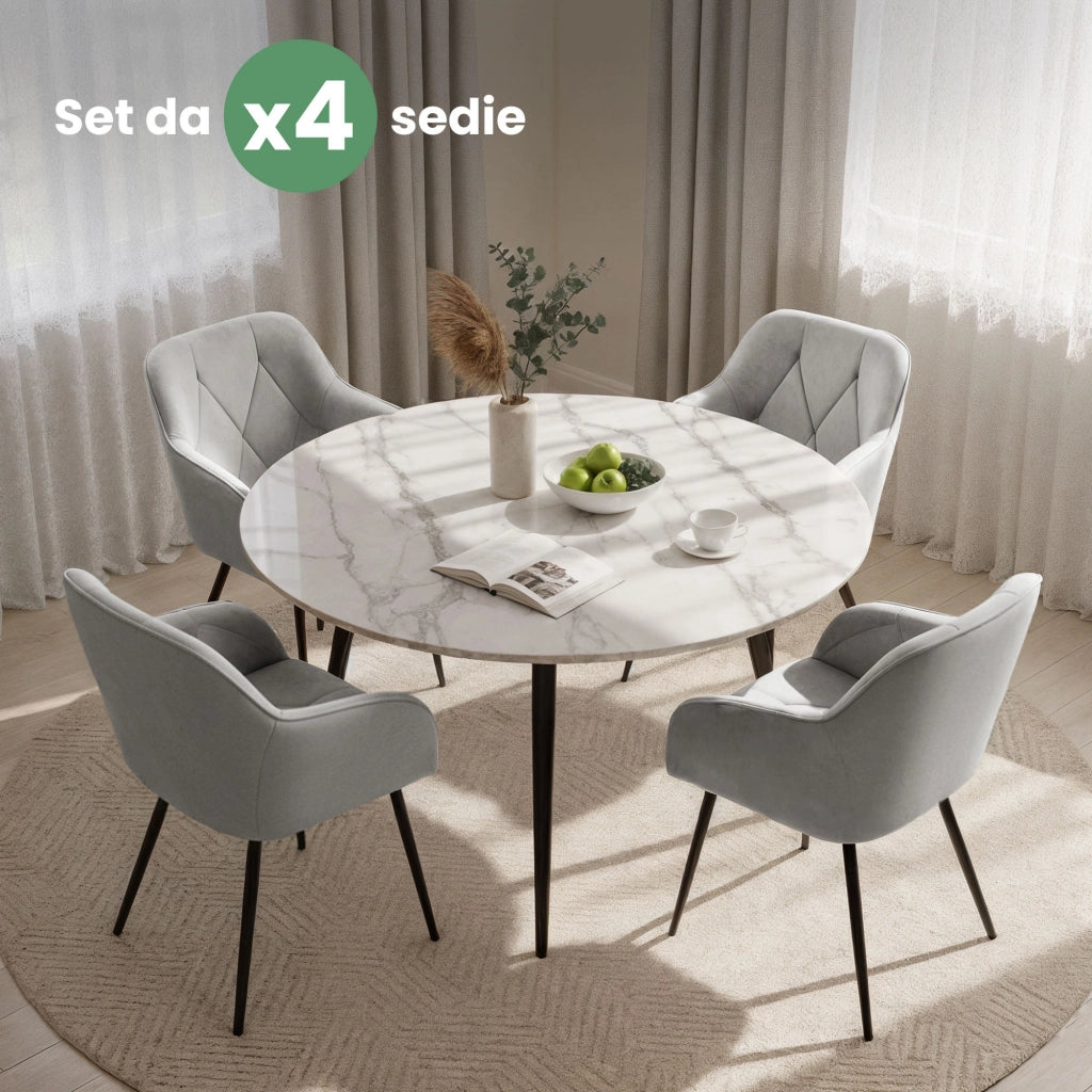 Set di 4 Sedie in velluto trapuntato DIAMANTE Grigio gambe nere