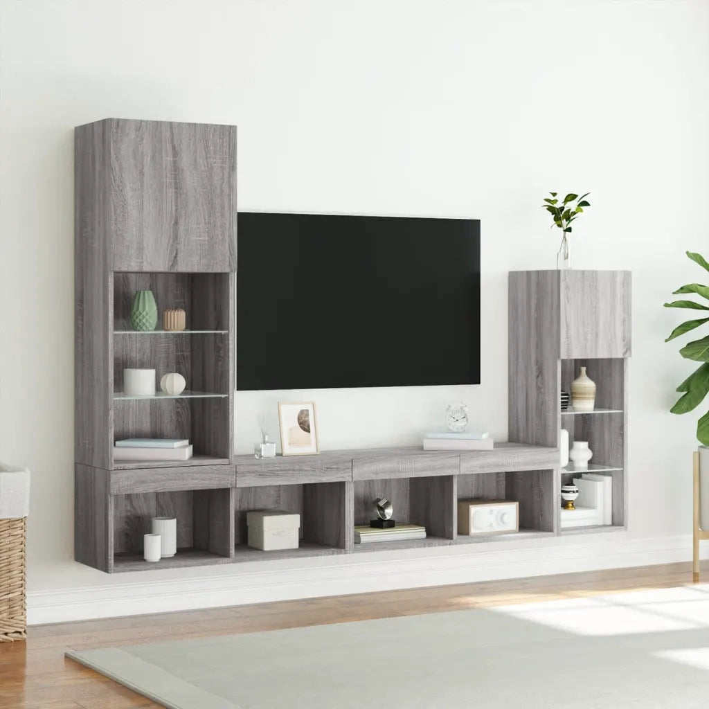 Mobili TV a Muro con LED 4pz Grigio Sonoma in Legno Multistrato 3216652