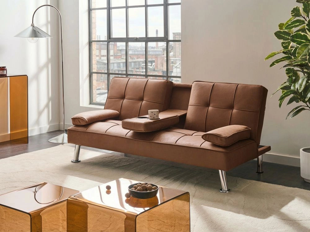 Divano letto marrone dorato in ecopelle a 3 posti con tavolino ribaltabile Click Clack
