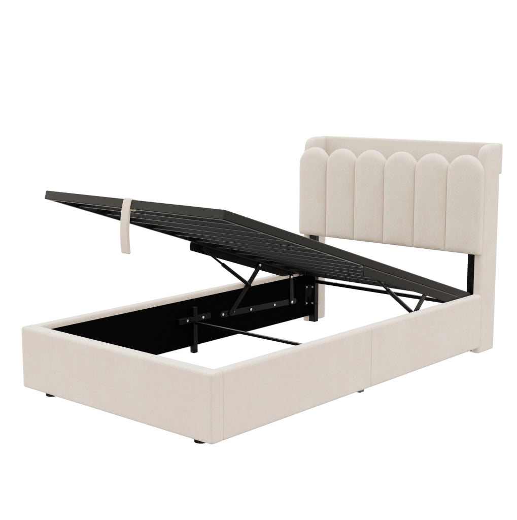 Letto imbottito 90x200 cm con contenitore; prese USB e Type-C; luce notturna in velluto beige