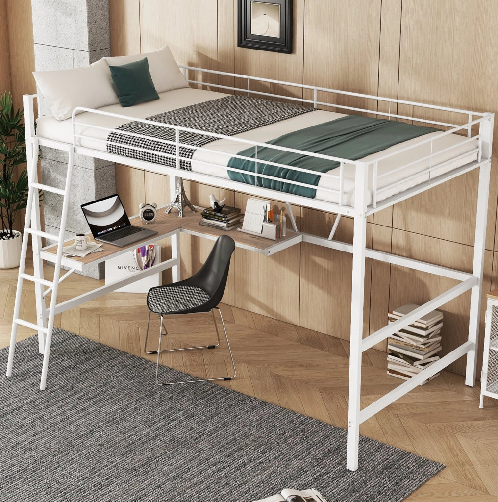 Letto a soppalco con scrivania a L e mensola, bianco, 90 x 200 cm