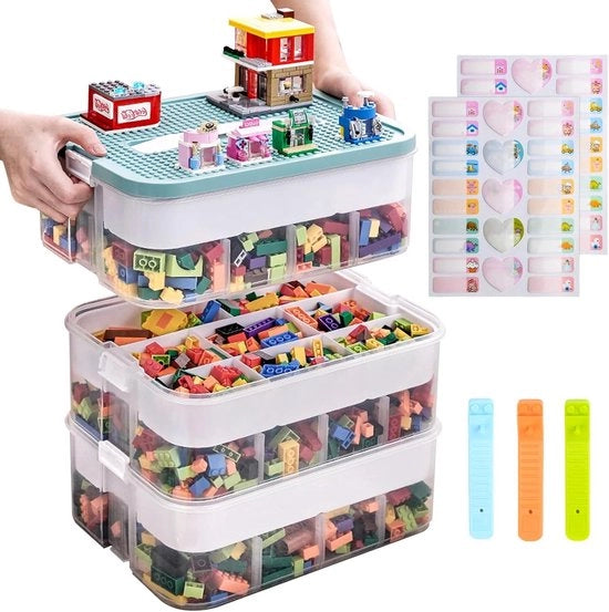 Cassetto di Archiviazione per Bambini - Cassa Stacking con Coperchio per Mattoncini - Cassetto di Archiviazione in Plastica con Cassetti Regolabili - 3 Livelli di Ripostiglio per Cassetto - Cassetto Portatile - Translucido