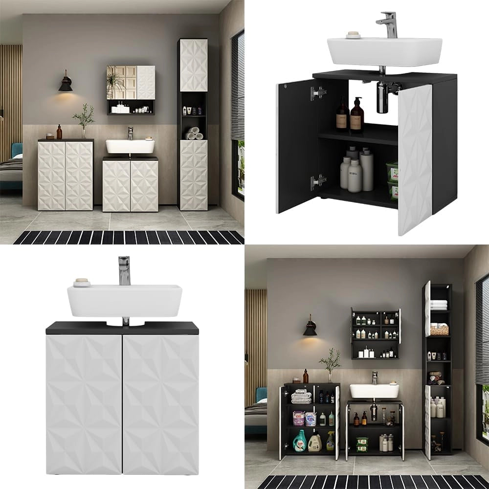 Mobile sottolavabo per bagno Edge, Nero, 60 x 57 cm con 2 porte, per la conservazione in bagno con meccanismo push-to-open
