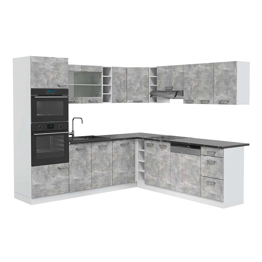 Cucina angolare completa R-Line Calcestruzzo/Bianco 247 x 237 cm, PL Antracite Vicco