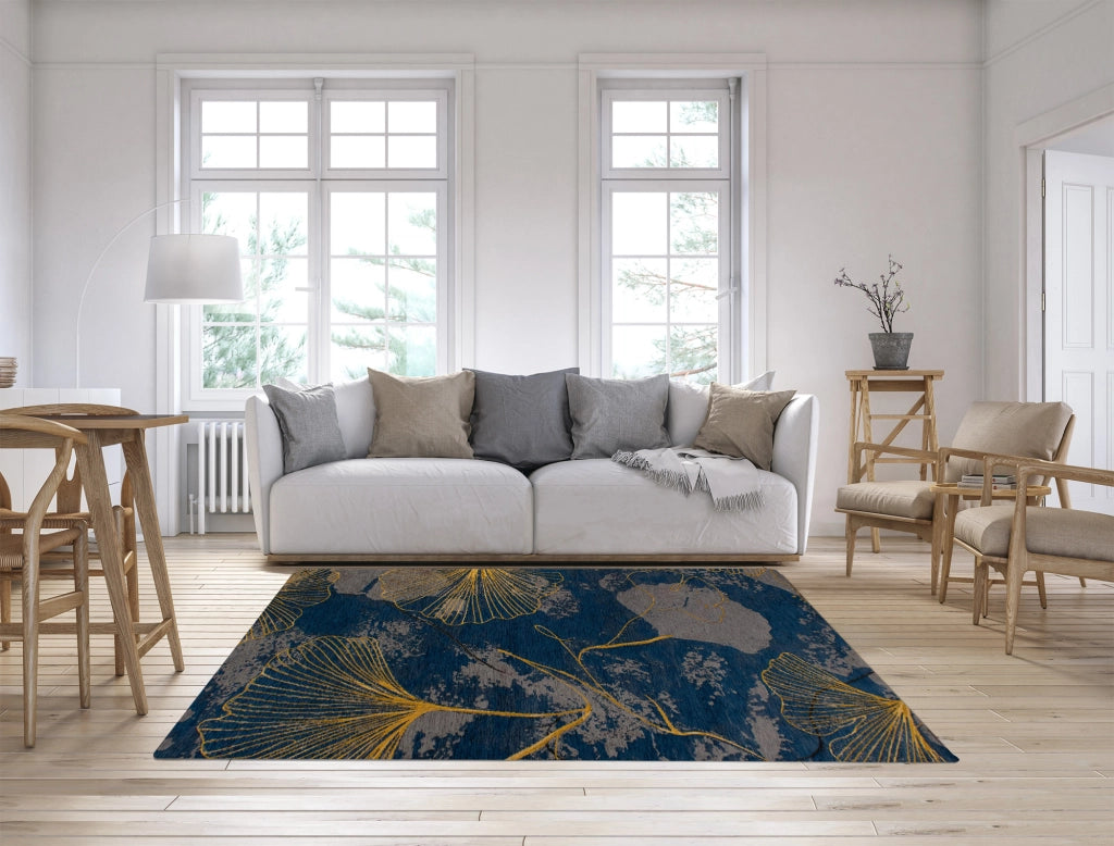 Tappeto Arredo Moderno Morbido in Ciniglia Ingresso Antiscivolo Prodotto Italiano  Soggiorno Camera Salotto Disegni Piazzati Cotone Varie Misure Grande Ginko/Indaco - 65x115 cm