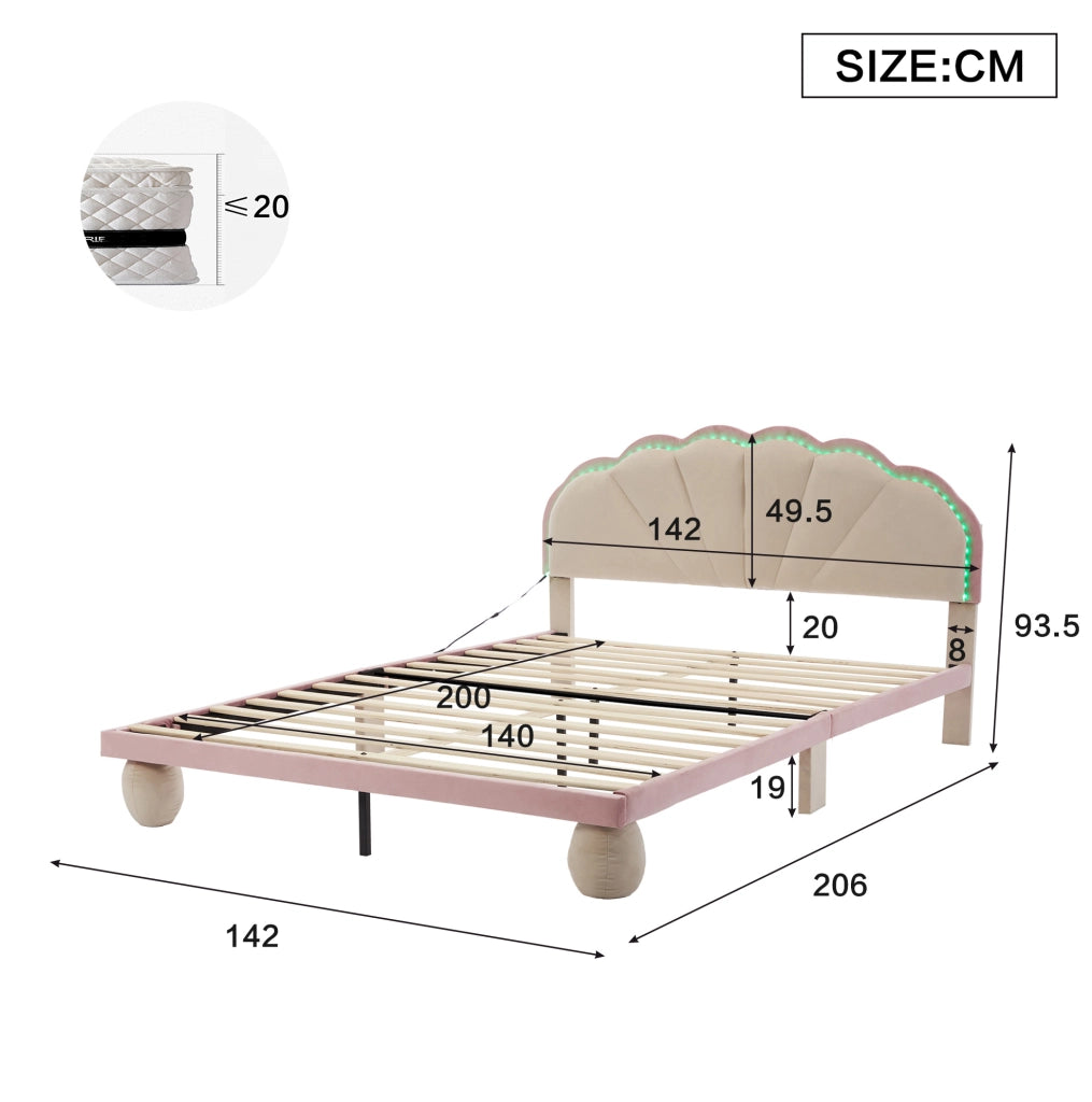 Letto matrimoniale imbottito 140x200 cm in velluto beige con strisce LED multicolore