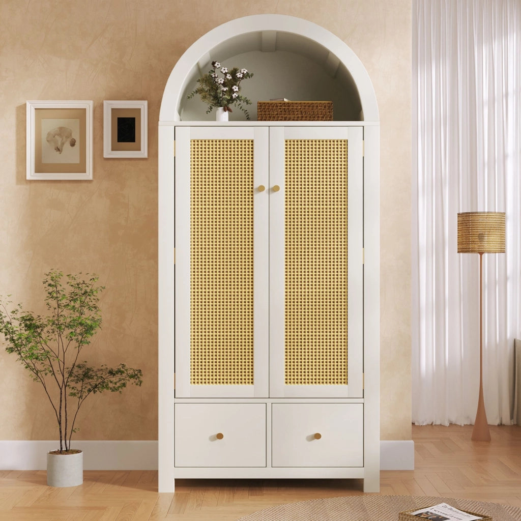 Armadio, decorazioni in vimini, 2 ante con chiusura magnetica, 2 cassetti, ripiani aperti, 181 x 78 x 45 cm, bianco