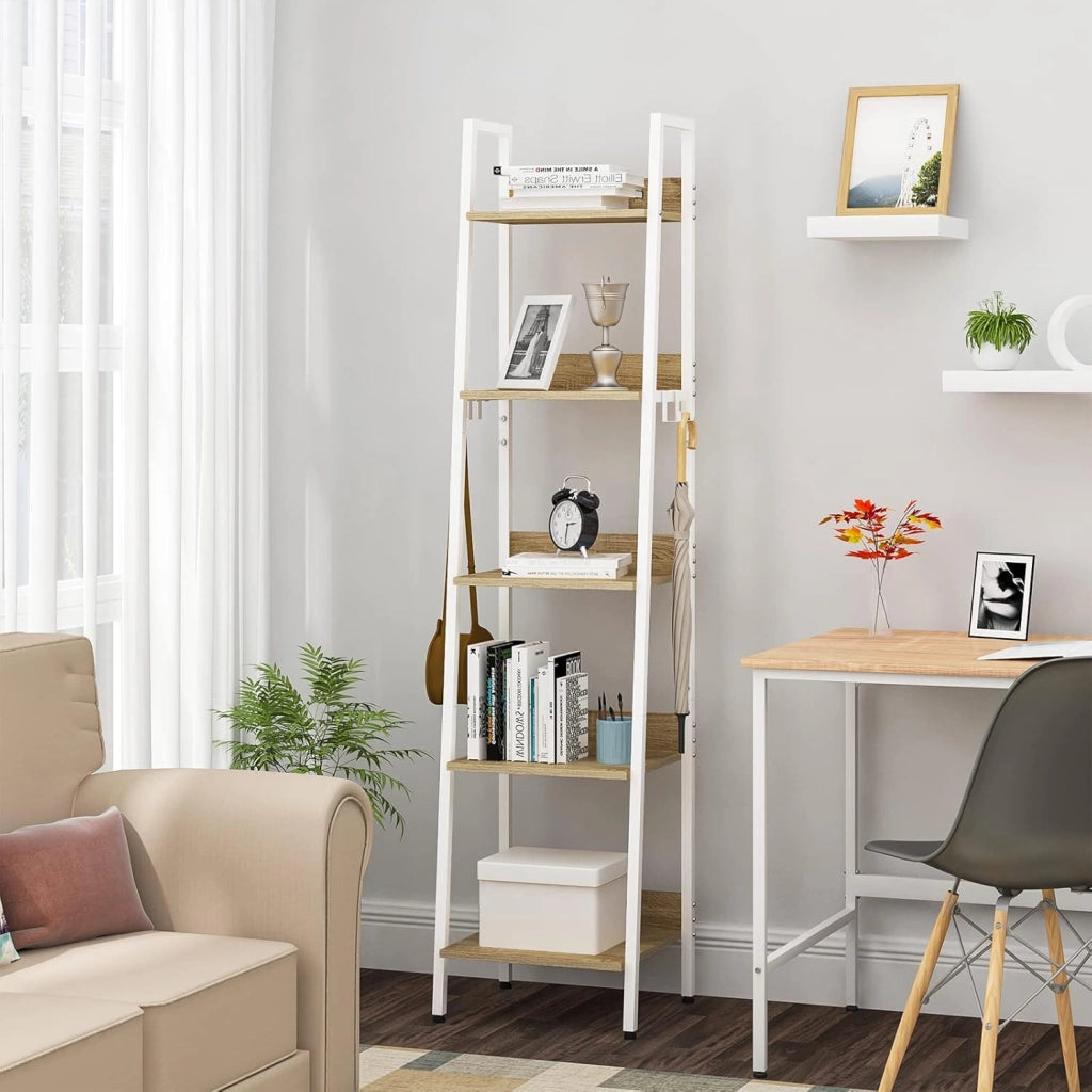 Libreria a 5 Ripiani, Scaffale con 4 Ganci Industriale, Scaffale a Scala in MDF e Metallo per Soggiorno, Cucina, Studio, Ufficio,Bianco, 40x36x170cm RGB9289whe