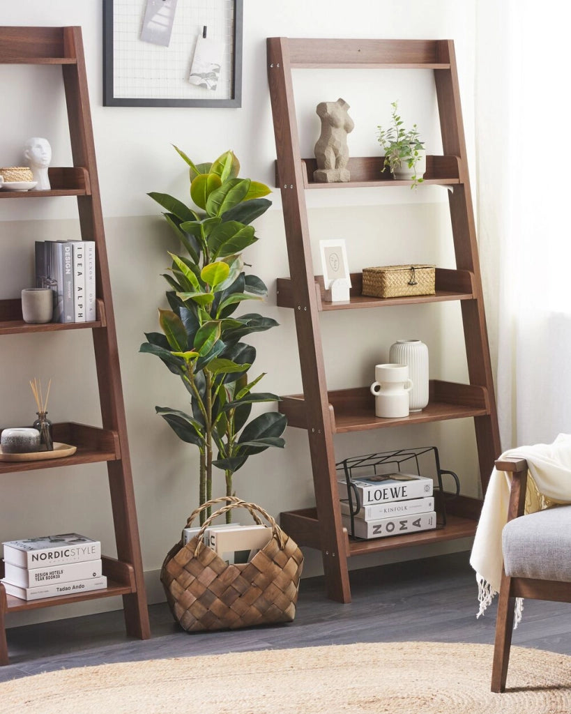 Libreria a scala 5 ripiani legno noce scaffale inclinato stile moderno contemporaneo
