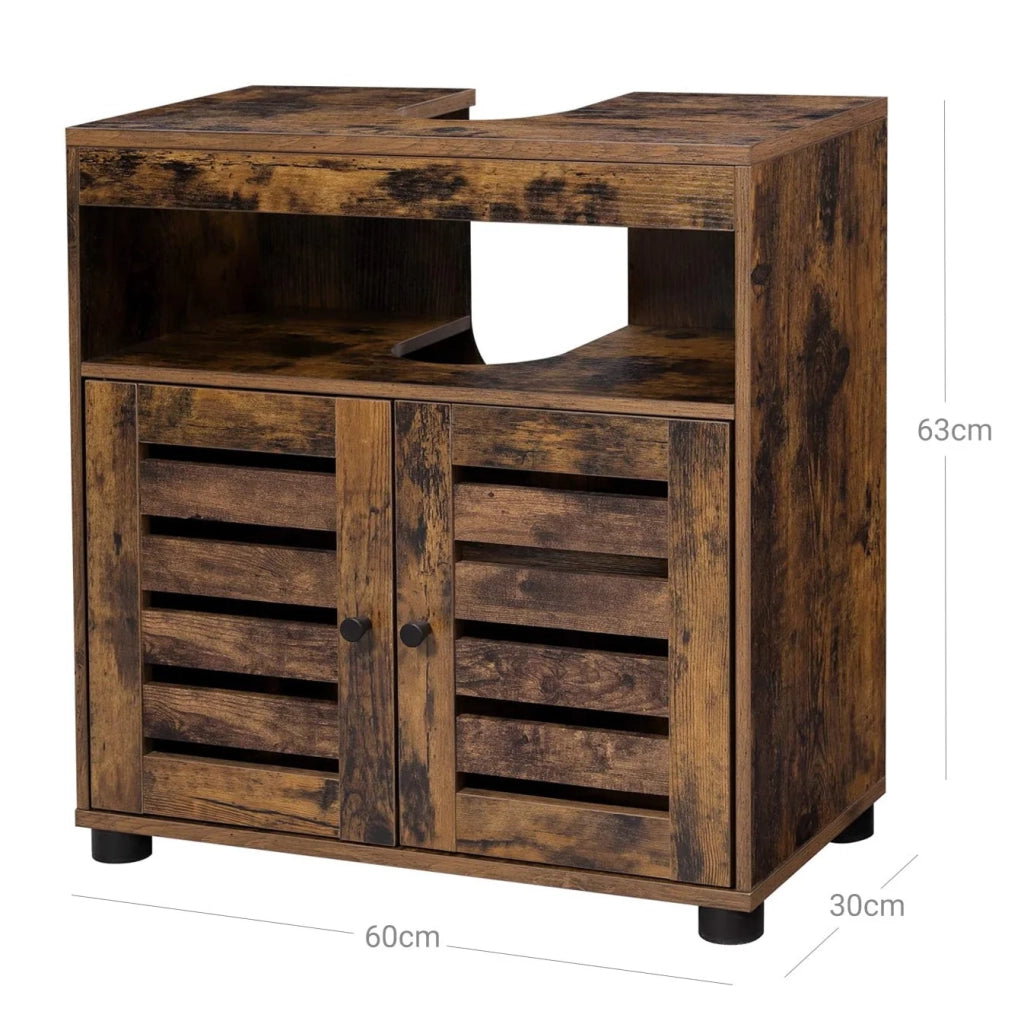 Mobiletto portaoggetti per bagno 60 x 30 x 63 cm con 2 ante a persiana e ripiano regolabile marrone 12_0006543