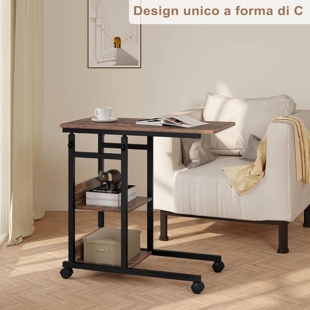 Tavolino da Salotto a Forma di C, Tavolino da Caffè a 3 Livelli, Tavolo Divano Regolabile in Altezza con Ruote Universali, in Legno e Metallo, Rovere vintage + Nero, BTS08hov
