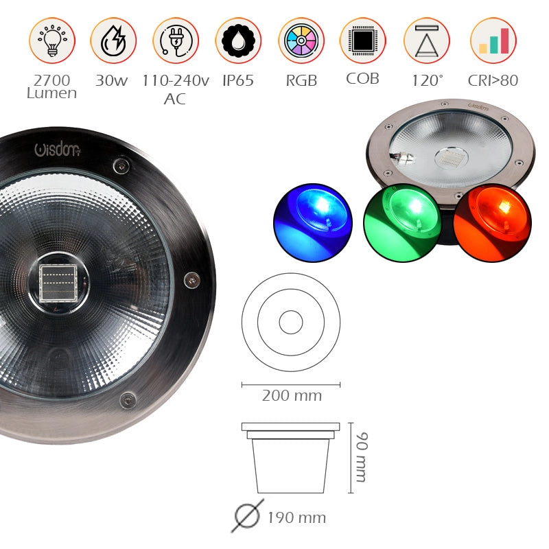 FARO SEGNAPASSO LED COB CALPESTABILE 30W RGB - IN ACCIAIO E VETRO TEMPERATO PER VIALI GIARDINI E INGRESSI