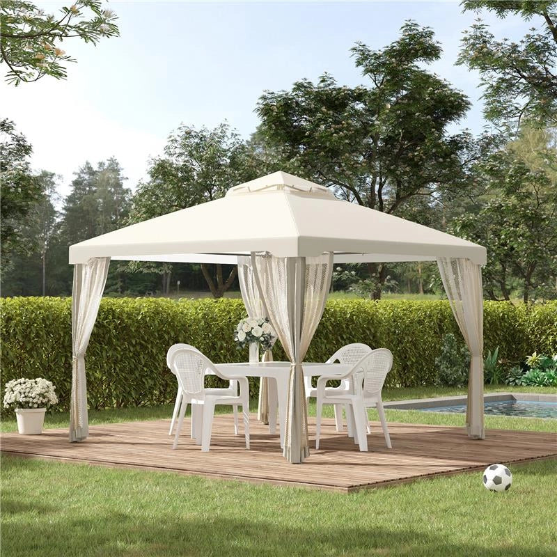 GAZEBO DA GIARDINO CON PALETTI E CORDE DOPPIO TETTO ZANZARIERA PARETI LATERALI BEIGE 294 X 294 X 263 CM