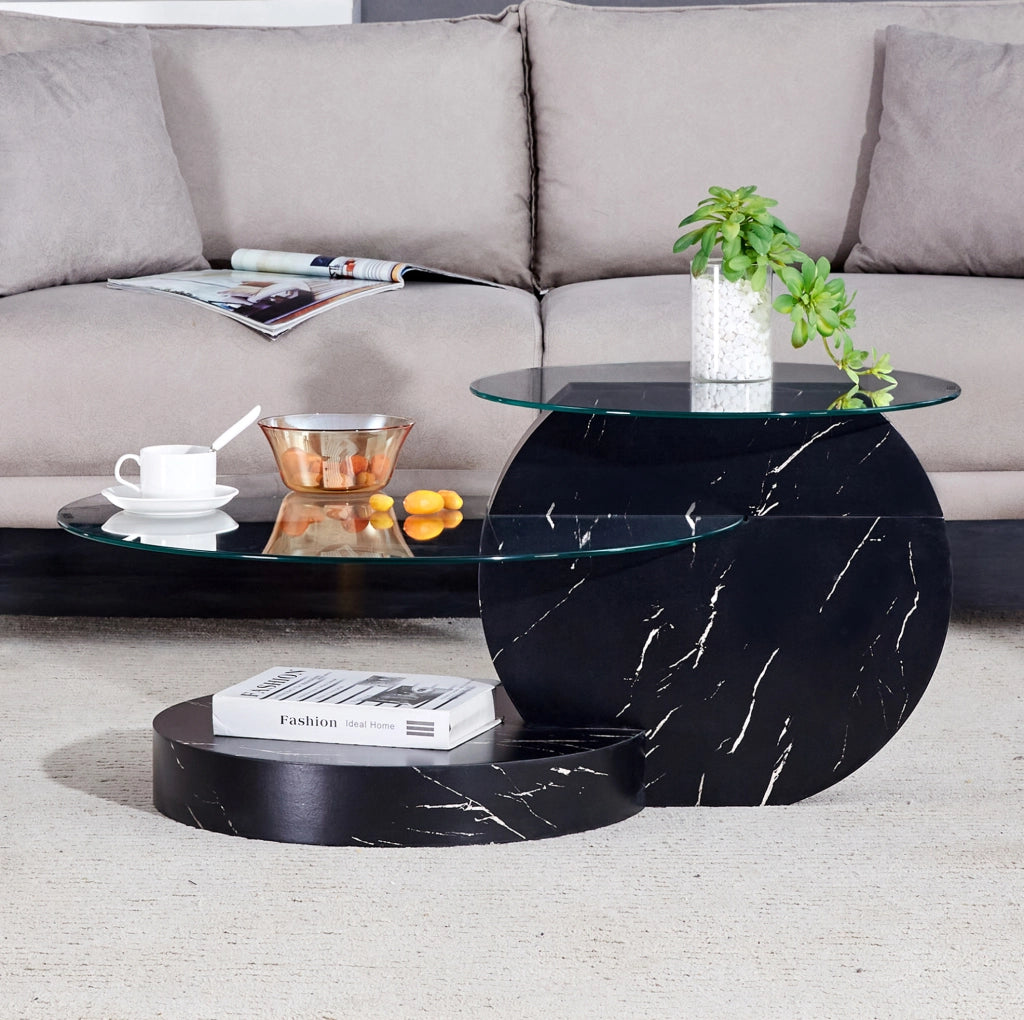 Tavolino da caffè 89,9x69,9x43,2 cm nero e trasparente, 2 livelli, MDF e vetro
