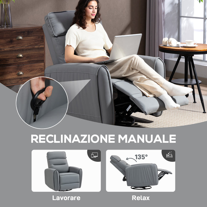Poltrona Relax Reclinabile Manualmente con Poggiapiedi in Tessuto Effetto Pelle e Base Girevole Grigio