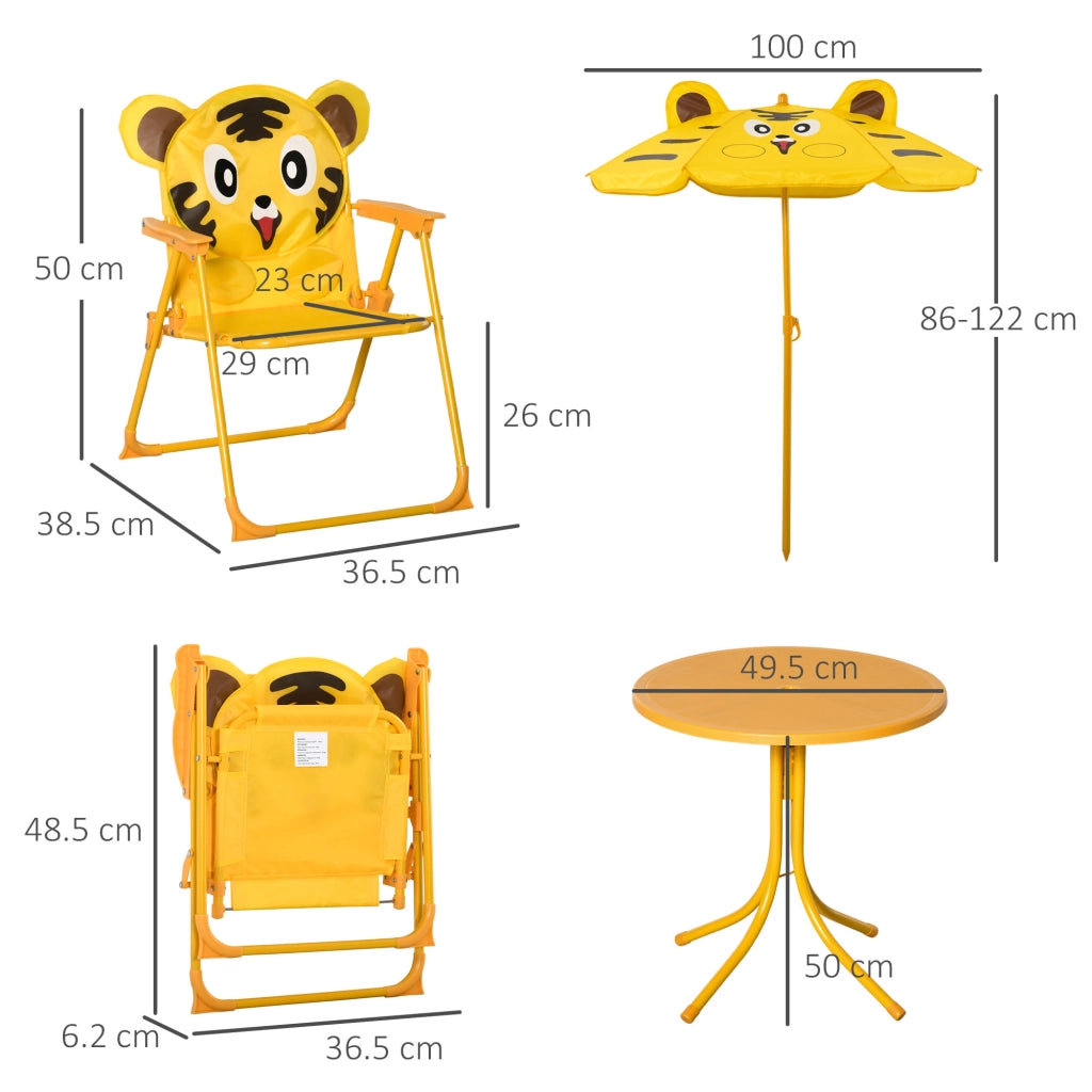 Set 4 Pezzi per Bambini Ombrellone Tavolo Rotondo e 2 Sedie in Acciaio e Tessuto Oxford Giallo
