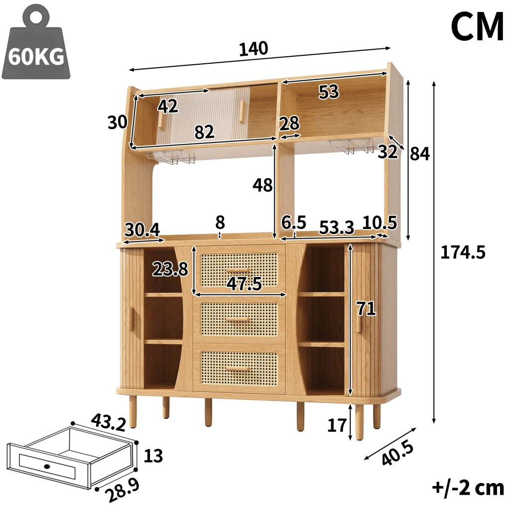 Credenza da cucina con ante scorrevoli in vetro 3 cassetti e vani aperti finitura legno 140 × 40,5 × 174,5 cm