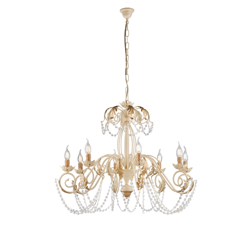 Lampadario Shabby Damasco 8 Luci Ferro Battuto Avorio E Oro Con Cristalli
